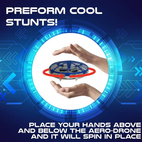 Self-Flying Aero Drone 360 For Kids With Hand Command Control performing spin stunt between hands.