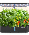 Indoor Hydroponic Garden System Kit with 12 Pods and 20W LED Grow Light, visible water tank, growing healthy herbs and tomatoes.