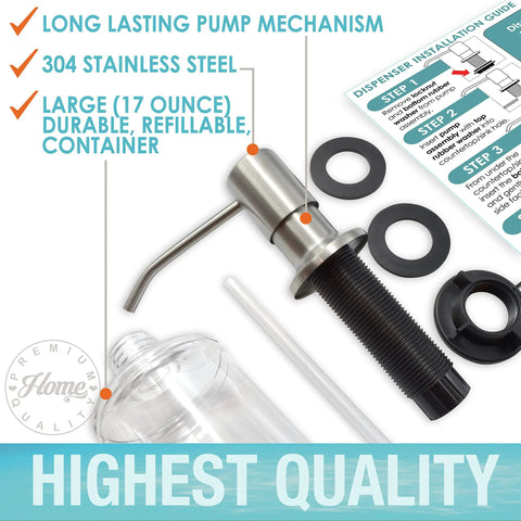 Top Fill Built In Kitchen Soap Dispenser With Stainless Steel Pump 17 Ounce Bottle Mounts To Sink Counter displayed with parts shown