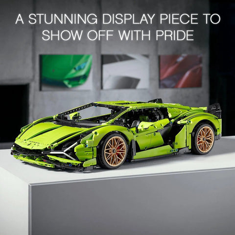 Lamborghini Sian FKP 37 1:8 Scale Tech Model Car Kit For Grownups With 3,696 Pieces displayed as decor