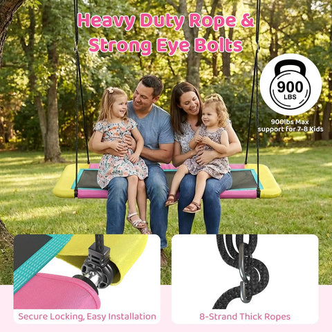 Family enjoying 60 Inch Rectangle Platform Tree Swing For Kids And Adults, Giant Flying Swing With Adjustable Hanging Straps, outdoor