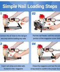 Step-by-step guide showing how to load Pro Grade 16 Gauge Finish Nailer Pneumatic Straight Nail Gun for pros and DIYers