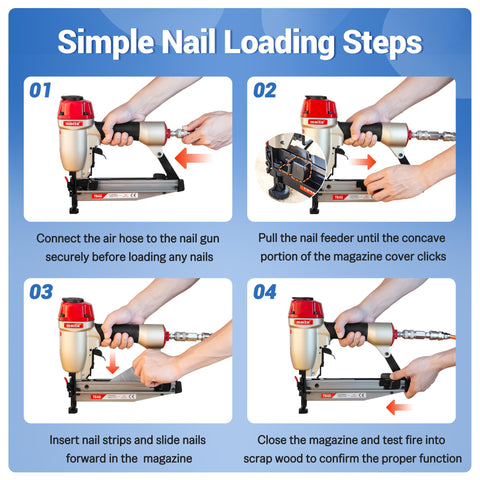 Step-by-step guide showing how to load Pro Grade 16 Gauge Finish Nailer Pneumatic Straight Nail Gun for pros and DIYers