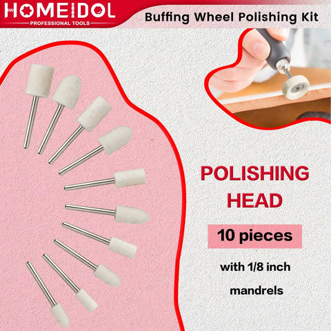 10 wool felt polishing heads with 1/8 inch mandrels from 72 Piece Buffing Wheel Polishing Kit for Rotary Tools