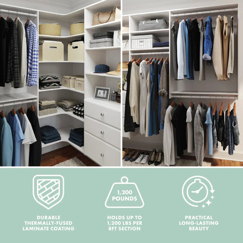 Slick Corner Wood Closet Organizer Kit In White With Smooth Vinyl Hardware Flexible Configurations For Tight Spaces And No Sweat Diy Install Perfect For Gotta Get Organized Storage Setups