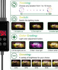 Display panel showing settings and features of Seed Starter Tray With Grow Light Kit, including timing and color options.