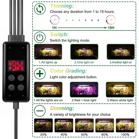 Display panel showing settings and features of Seed Starter Tray With Grow Light Kit, including timing and color options.