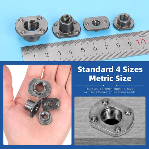 Pro Grade Heavy Duty Carbon Steel Weld Nuts Set M6 M8 M10 M12 Universal Tab Base showing four weld nuts in hand with scale for size reference.
