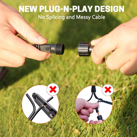 Hands connecting plug-and-play connector of Low Voltage LED Landscape Lighting Kit With Transformer 5W 24V Outdoor Spotlight.