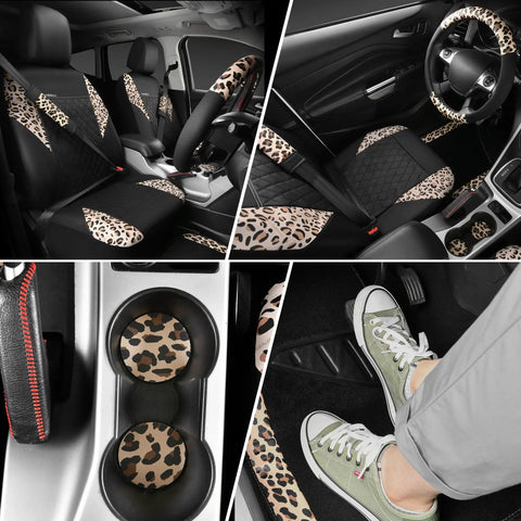 Dope Leopard Print Faux Leather Car Seat Covers, Leopard Car Mats, Steering Wheel Cover, And Seat Belt Pad Set for SUVs, Vans, Sedans, and Trucks interior view