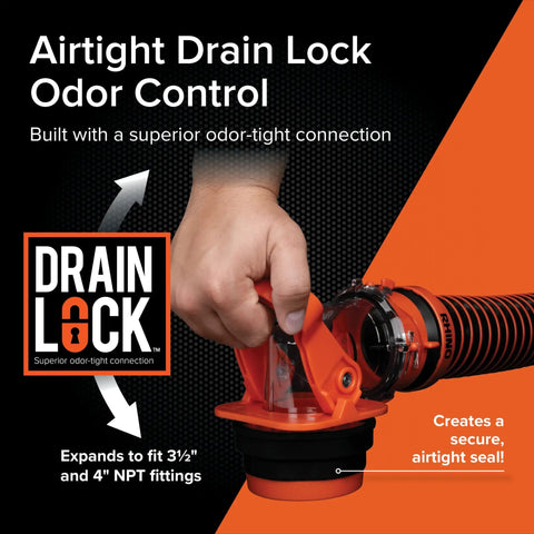 Rhino RV Sewer Adapter PRO Clear Sewer Hose Elbow With Drain Lock shown with ergonomic handle and NPT fittings