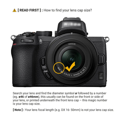 Camera with lens showing diameter symbol for Two Pack 46mm Front Lens Cap With Deluxe Cap Keeper, Center Pinch Design, Fits 46mm Filter Thread Lenses
