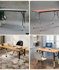 Heavy Duty Table Leg Extenders For Folding Tables No Sweat Adjustable Furniture Risers in various settings, showcasing gold finish and stability.