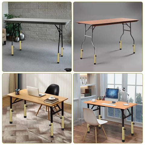 Heavy Duty Table Leg Extenders For Folding Tables No Sweat Adjustable Furniture Risers in various settings, showcasing gold finish and stability.