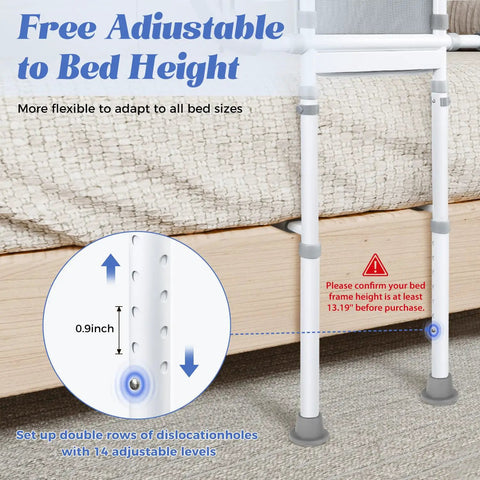 Adjustable Bed Rails For Elderly Safety Up To 400 Lb With Pocket Portable Assist Handle detail showing height adjustment level.
