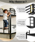 Straight Up Heavy Duty Twin XL Over Twin XL Metal Bunk Bed Built Tough With Secure Guardrails And Industrial Grade Steel For Adults Teens Or Kids Zero Creaking Black Frame Needs No Box Spring, featuring a child on the sturdy ladder.