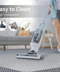 Clear Office Chair Mat For Carpeted Floors 63x51 Inches displayed in a living room showcasing easy to clean feature with vacuum cleaner.