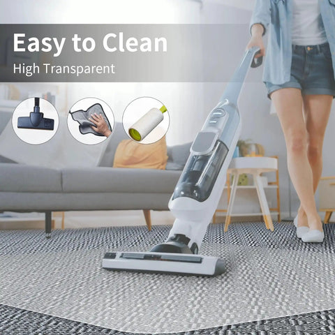 Clear Office Chair Mat For Carpeted Floors 63x51 Inches displayed in a living room showcasing easy to clean feature with vacuum cleaner.