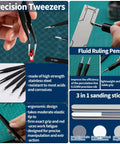 Close-up of 25Pc Hobby Modeling Kit Tools Set showcasing precision tweezers, ruling pens, and sanding stick for model building.