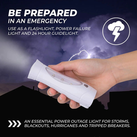 Hand holding LED flashlight against stormy sky, Six Pack LED Emergency Lights For Home Power Outage, Triple-Function Power Failure Light And Plug-In Flashlight Combo With Rechargeable Battery, Stay Ready For Snow Storms And Hurricanes.
