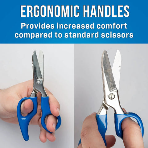 Stainless Steel Electrician Scissors Heavy Duty with Ergonomic Handles, showing serrated blades, in hand for precise wirework