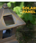 Close-up of the solar panel on Solar Powered Pagoda Garden Statue With Flickering LED Lantern For Outdoor Yard Patio Or Garden Japanese Zen Decor In Weatherproof Polyresin Durable 12x7x6 Inch Accent