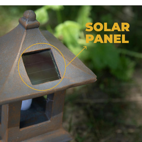 Close-up of the solar panel on Solar Powered Pagoda Garden Statue With Flickering LED Lantern For Outdoor Yard Patio Or Garden Japanese Zen Decor In Weatherproof Polyresin Durable 12x7x6 Inch Accent