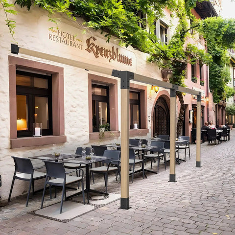 Outdoor restaurant with Fifteen Degree Slanted Roof Wall Mount 4 By 4 Pergola Bracket Kit Angled Wood Post Bracket installed