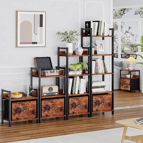 5 Tier Bookshelf With Drawer Space Saving Tall Narrow Wood And Metal Storage Organizer in a living room with decor items.