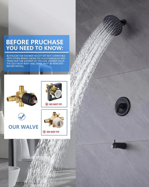 Black Bathtub And Shower Trim System Style 9 For An Easy Dope Bathroom Remodel, sleek black showerhead in use.