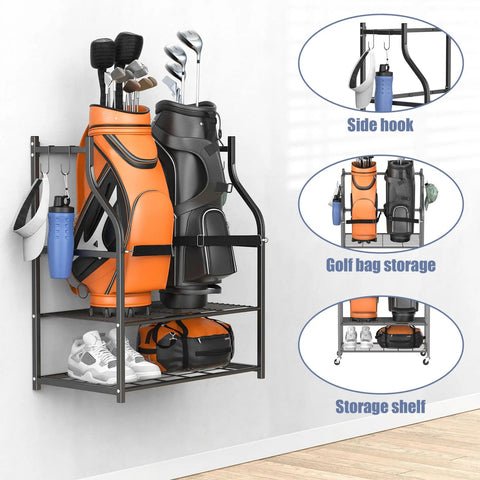 Wall Mounted Golf Bag Organizer With Rolling Storage Rack That Holds Two Golf Bags Plus An Open Shelf For Hats And Gloves And Side Hooks For Towels Ideal Garage Space Saver For Quick Access And Flexible Use