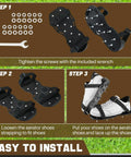 Step-by-step guide for installing Spiked Shoes For Epoxy Floor Coating And Lawn Aeration, Adjustable Four Strap Design.