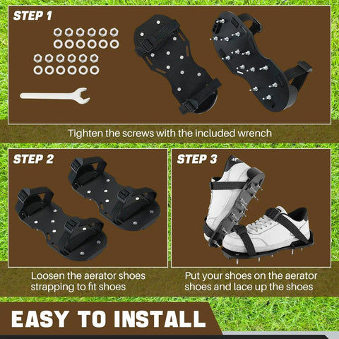 Step-by-step guide for installing Spiked Shoes For Epoxy Floor Coating And Lawn Aeration, Adjustable Four Strap Design.