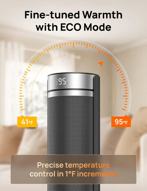 Beast Space Heater For Large Rooms In A 23 Inch Tower, showcasing digital thermostat, temperature 41°F to 95°F, ECO mode.