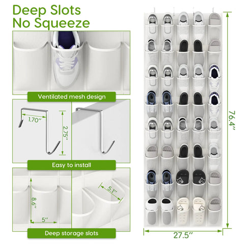 Over The Door Shoe Organizer With 40 Large Breathable Mesh Pockets Space Saving Hanging Shoe Rack For Entryway Bedroom And Closet Storage White Perfect For Sneakers Boots And Heels In Small Spaces, shown with dimensions and deep storage slots.