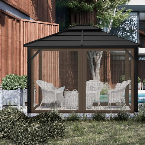 Outdoor 10x10 Gazebo Mosquito Netting Replacement Panels Set With Zipper Doors, 4 Screen Sidewalls at patio, coffee color