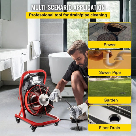 Knockout Heavy Duty Electric Drain Auger With 75 Foot Steel Core Cable in use for cleaning floor drain in bathroom.