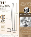 Heavy Duty Hairpin Furniture Leg Set, 34 Inch Industrial Metal Table Legs, Extra Thick Half Inch With Three Solid Rods, shown upright