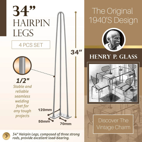 Heavy Duty Hairpin Furniture Leg Set, 34 Inch Industrial Metal Table Legs, Extra Thick Half Inch With Three Solid Rods, shown upright