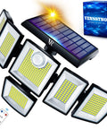Solar Motion Sensor Flood Lights Outdoor with Six Heads 496 LEDs 3500 Lumen Cool White 360 Degree Illumination IP65 Waterproof