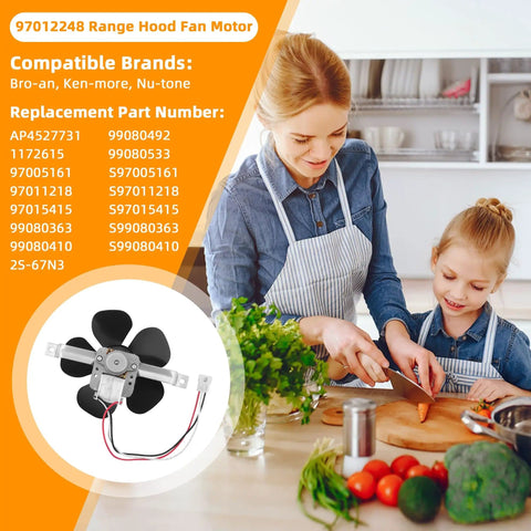 Mother and child cooking next to range hood motor replacement for Nu-Tone 40000 and 42000 series with fan blade visible.