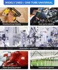 Heavy Duty 3/8 Inch OD PU Air Tubing Kit With 50 Feet Of Polyurethane Hose is shown in use across various industries for compressed air projects
