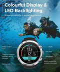 Scuba divers using D5 Wrist Dive Computer with USB Cable Black, 100m Water Resistant, vibrant display highlighting features.