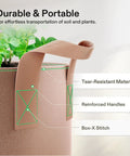 Close-up of a tan grow bag showcasing reinforced handles and thickened fabric, part of a Five-Pack 10 Gallon Heavy Duty Nonwoven Grow Bags With Thickened Fabric And Rugged Strap Handles Tan For Air-Pruned Roots, Strong Drainage, Reusable Plant Pots.
