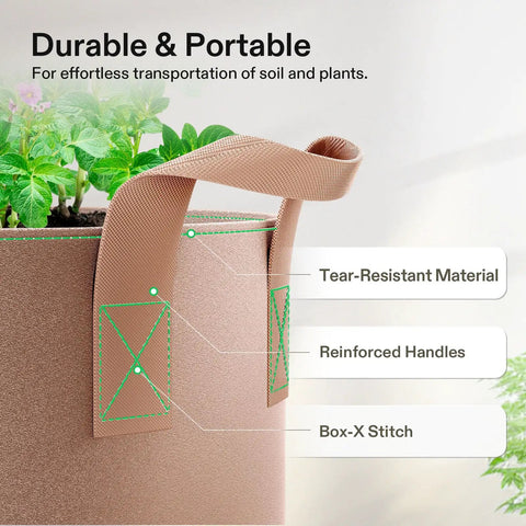 Close-up of a tan grow bag showcasing reinforced handles and thickened fabric, part of a Five-Pack 10 Gallon Heavy Duty Nonwoven Grow Bags With Thickened Fabric And Rugged Strap Handles Tan For Air-Pruned Roots, Strong Drainage, Reusable Plant Pots.
