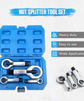 Beefy Four Piece Nut Splitter Tool Set in blue case for heavy duty removal of broken, damaged, or rusty nuts without damaging bolt threads.