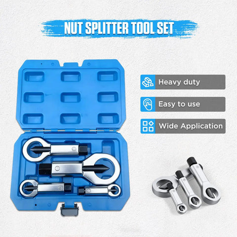Beefy Four Piece Nut Splitter Tool Set in blue case for heavy duty removal of broken, damaged, or rusty nuts without damaging bolt threads.