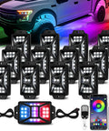 12 Pods 252 LEDs 5 Sides RGB Rock Lights With App And 2 Remote Control For Trucks Waterproof Underglow Kit in use on truck