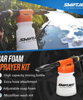 Person using Foam Cannon Car Wash Gun With Microfiber Mitt, No Pressure Washer Needed, Turns Garden Hose Into Powerful Foam Sprayer.