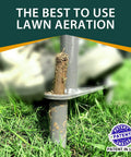 Close-up of Lawn Core Aerator Tool Manual Dethatching And Soil Aeration Heavy Duty Garden Aerator in use on grass